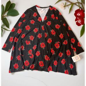 LuLaRoe Caroline Black‎ Floral Rose Print Cardigan Kimono Duster Size L